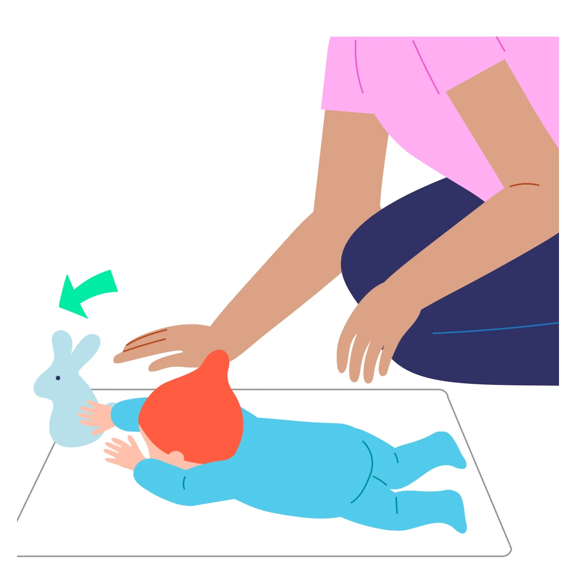 The baby follows the bunny as the caregiver moves it to one side.