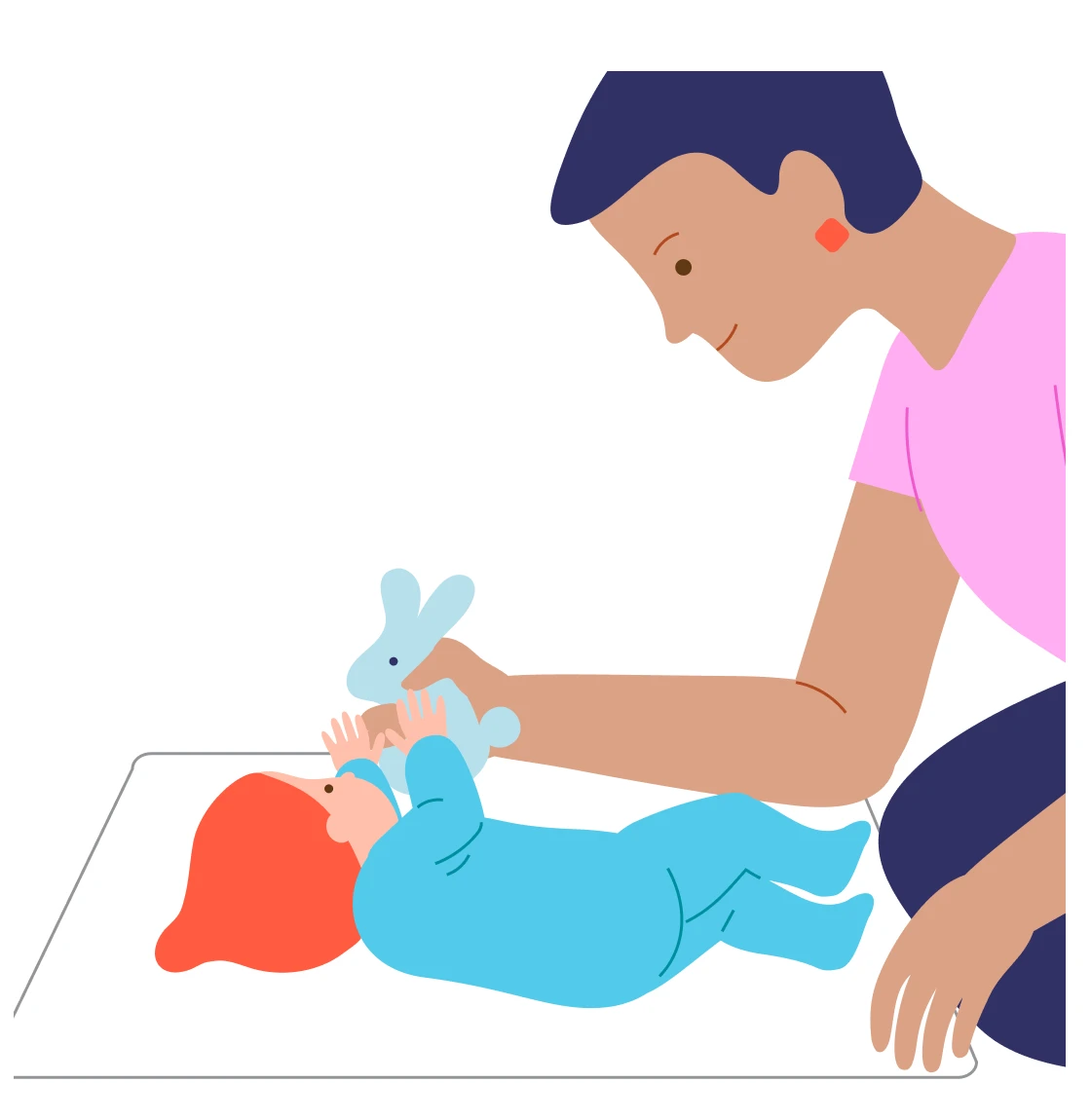 A caregiver shows a jingling bunny to a baby lying on their back.