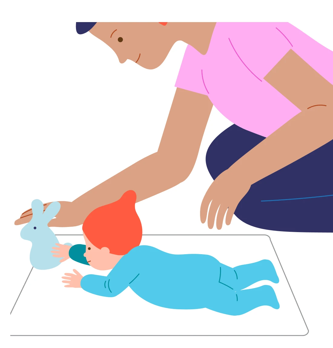 A caregiver keeps the bunny close as the baby turns toward it.