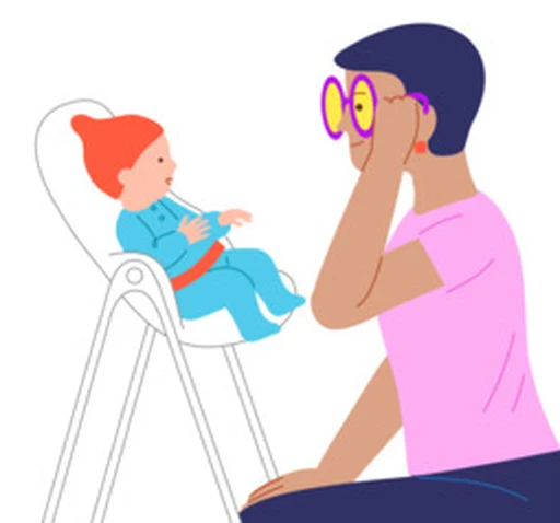 A caregiver wears bright glasses while a baby watches their face.