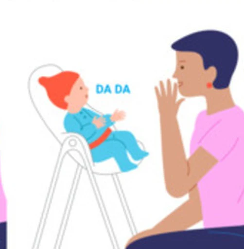 A baby shares a sound during a face-to-face play turn.