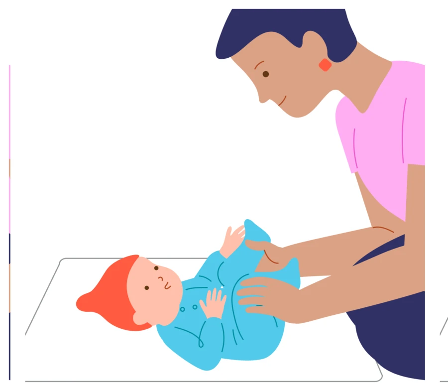 A baby raises bent legs as a caregiver offers a gentle, open-handed touch.