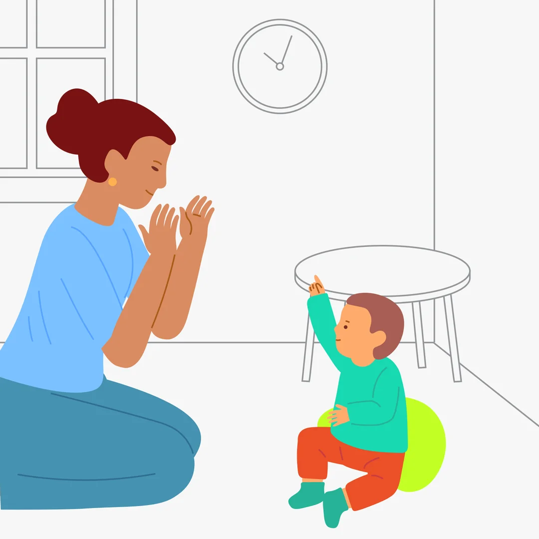 Illustration for “Notice the Distant Object the Adult Points To”, step 4: Step back a bit and ask your question again.