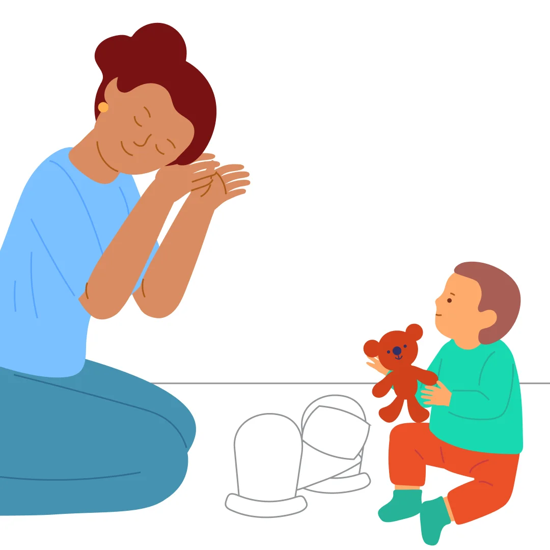 Illustration for “Copy the Adult’s Actions in a Familiar Game”, step 1: Sit on the floor with the child.