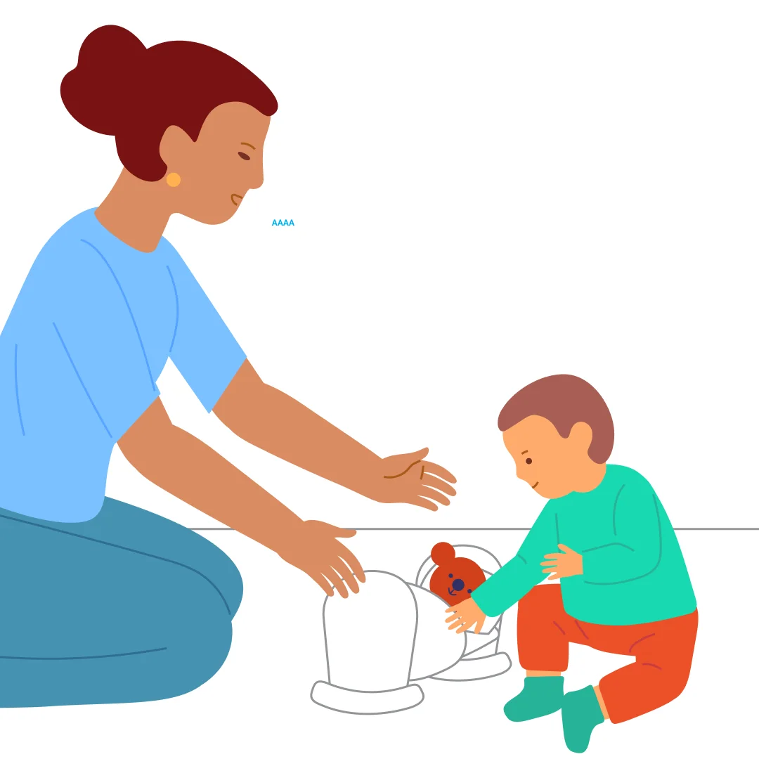 Illustration for “Copy the Adult’s Actions in a Familiar Game”, step 2: When the child lays Teddy in the bed, praise them.