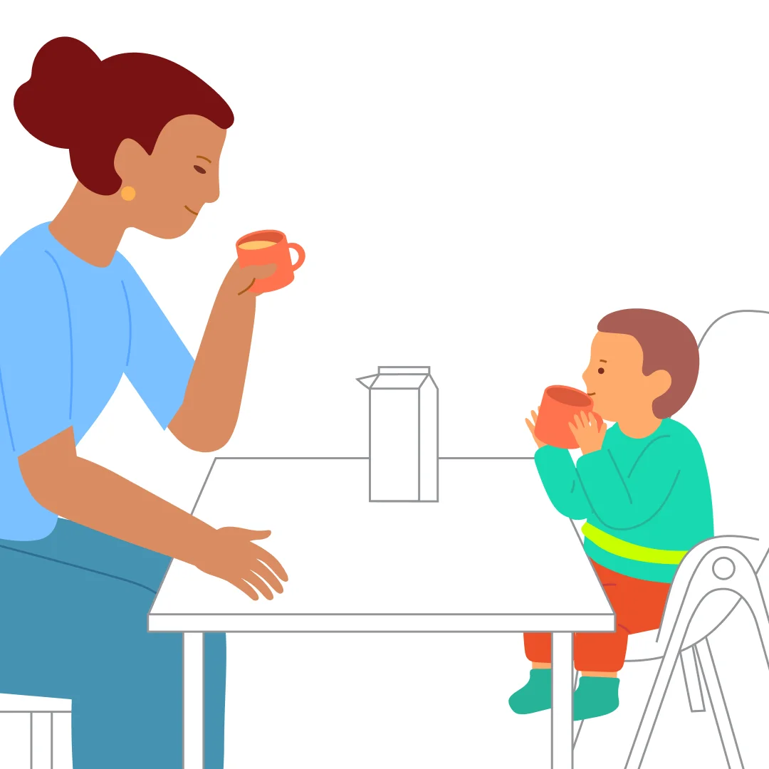 Illustration for “Drink from a Cup”, step 4: Pour the juice into their cup: “Have some.