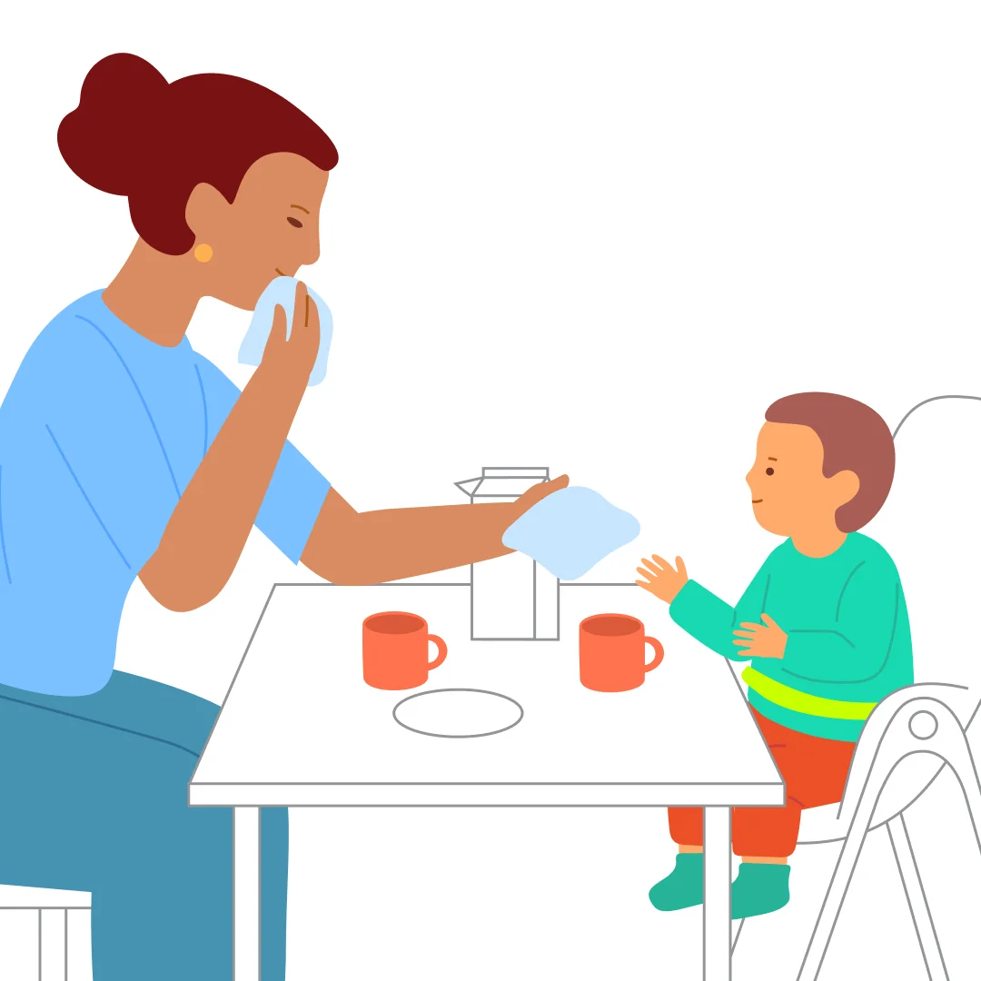 Illustration for “Drink from a Cup”, step 5: After you both drink, pick up a napkin and wipe your mouth.