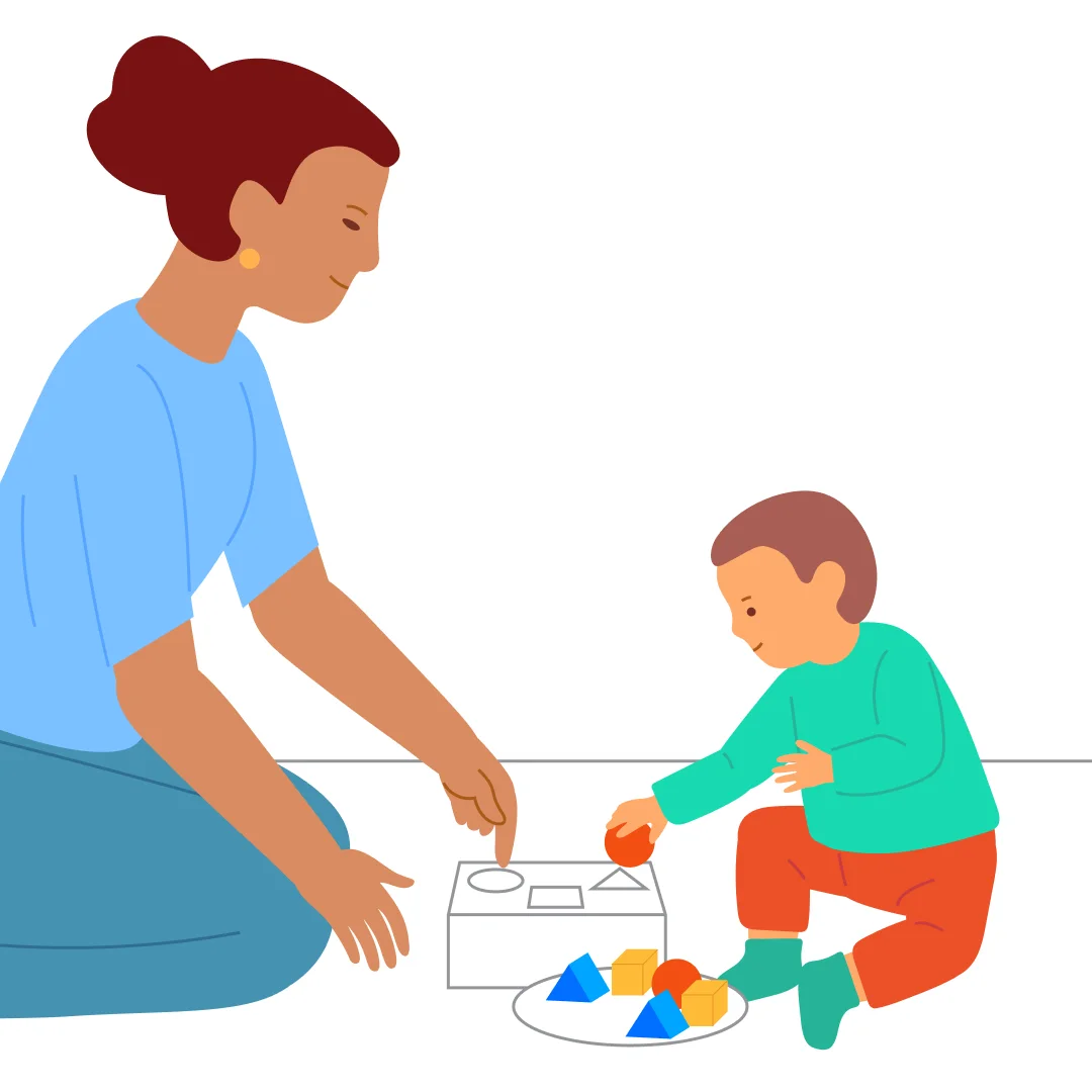 Illustration for “Shape Box: Three Shapes”, step 2: Hand the child a sphere: “Drop the ball in the hole.” If they try but it doesn’t work, suggest another hole: “It won’t fall.