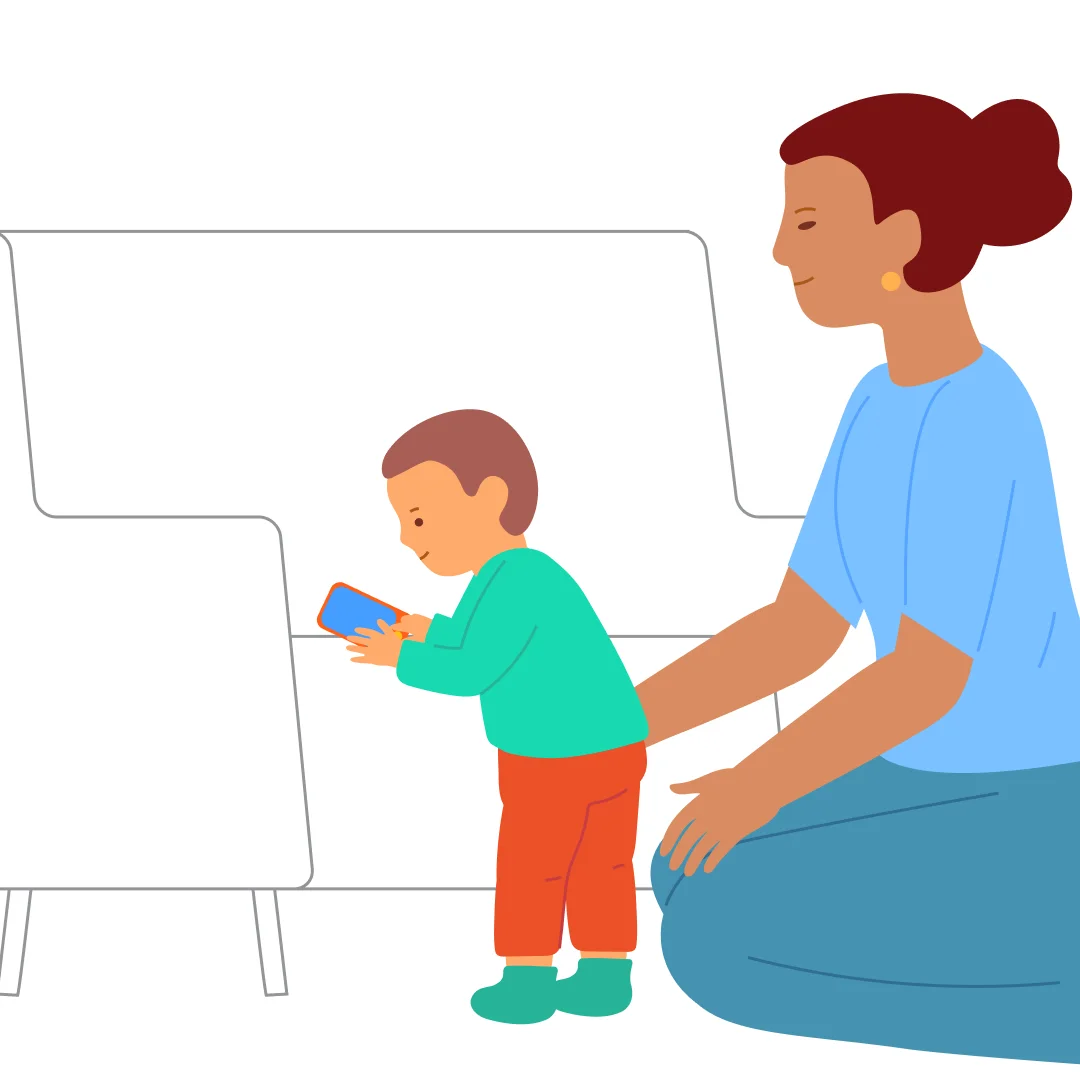 Illustration for “Sit Down from Standing”, step 1: Stand the child at the couch and give them a toy they like, for example a toy phone.