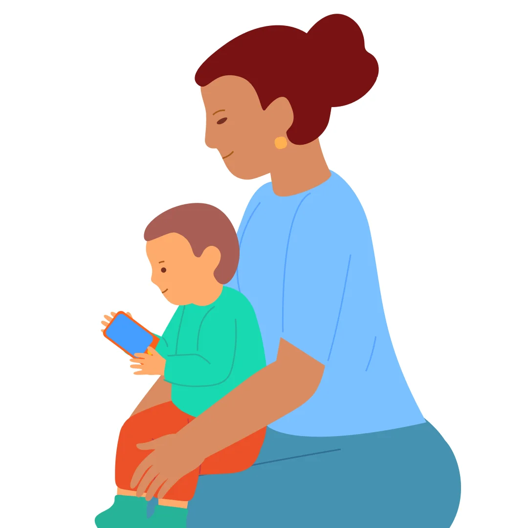 Illustration for “Sit Down from Standing”, step 4: Praise them and hand them the phone to play with.