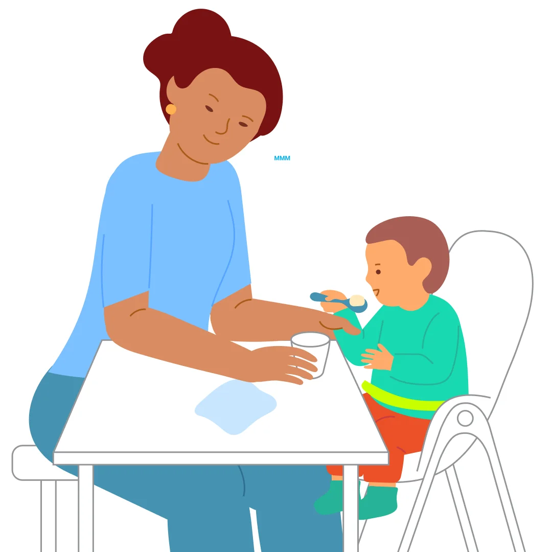 Illustration for ““Cottage Cheese, All by Myself!””, step 3: “Now put it in your mouth.” When they bring it to their mouth and eat, say: “Mmm, delicious.” "Help the child repeatedly dip the spoon.