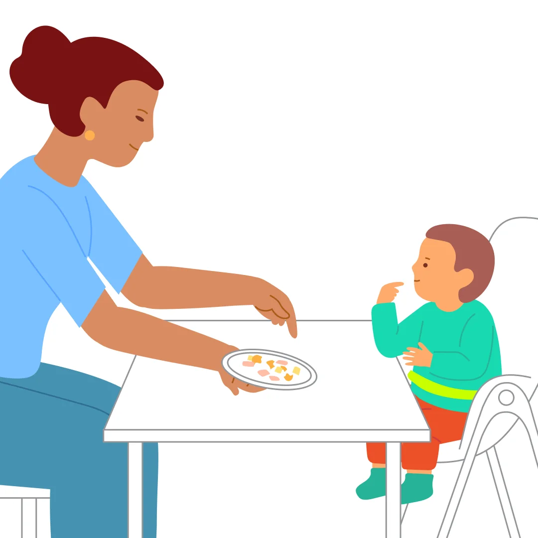 Illustration for ““I Feed Myself!” Bite-Sized Food”, step 3: Say: “Now Mommy will take something.” Pretend to think: “Which one—this one, or that one?