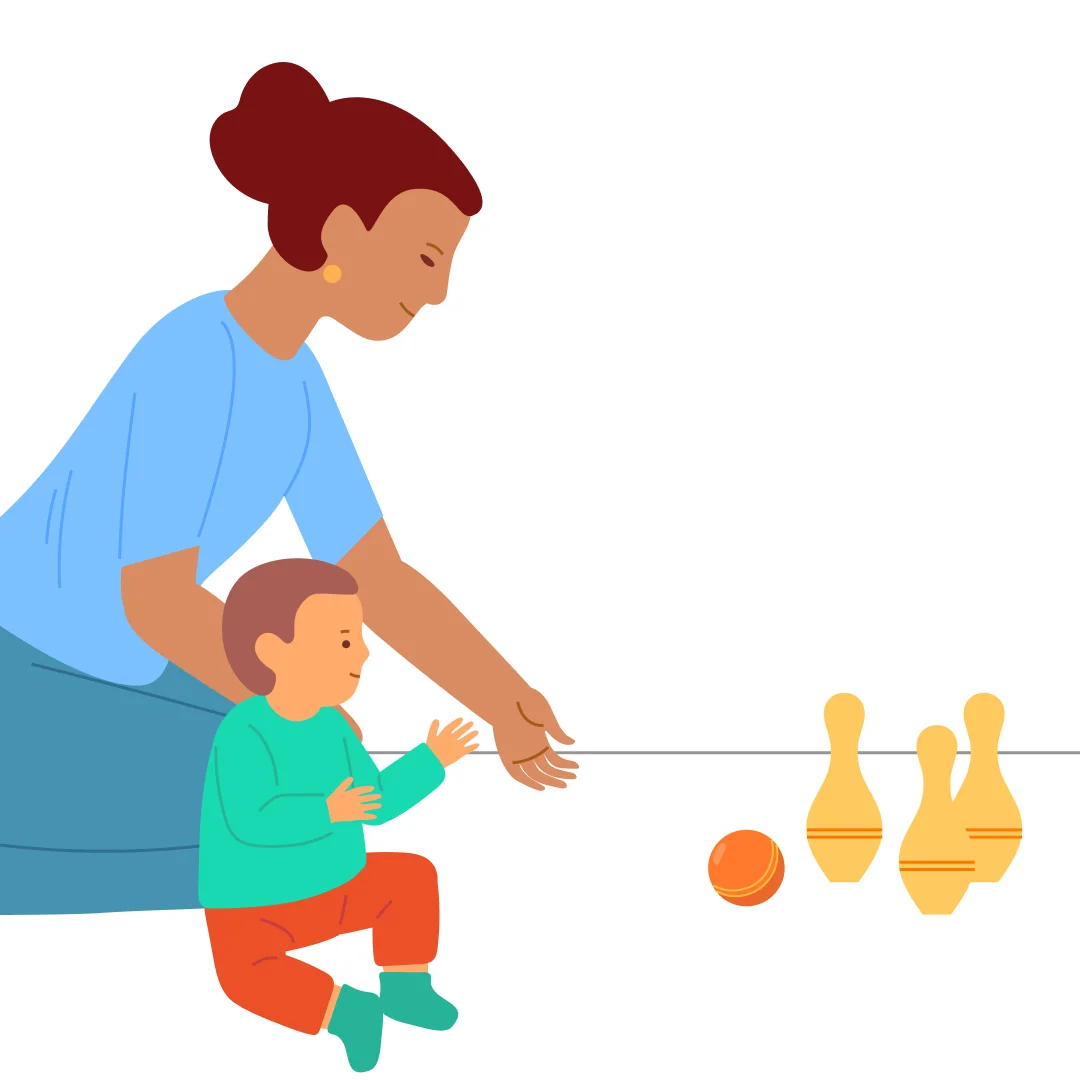 Illustration for “Bowling Fun”, step 1: You’ll need some bowling pins (skittles) and a ball about 15 cm in diameter.