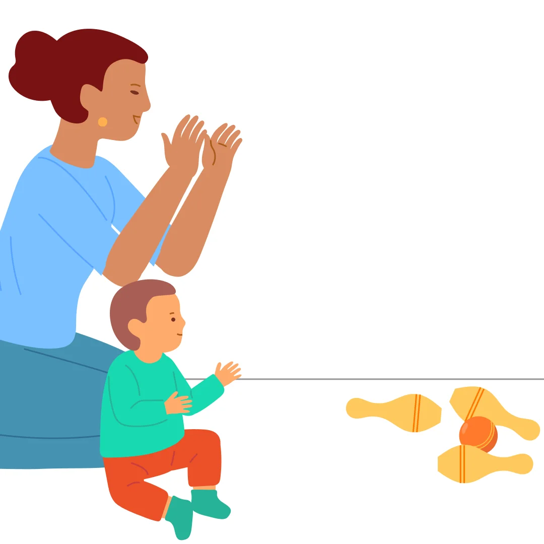 Illustration for “Bowling Fun”, step 2: Roll the ball toward the pins: “Boom!” When they fall, clap: “Hooray, they fell!”