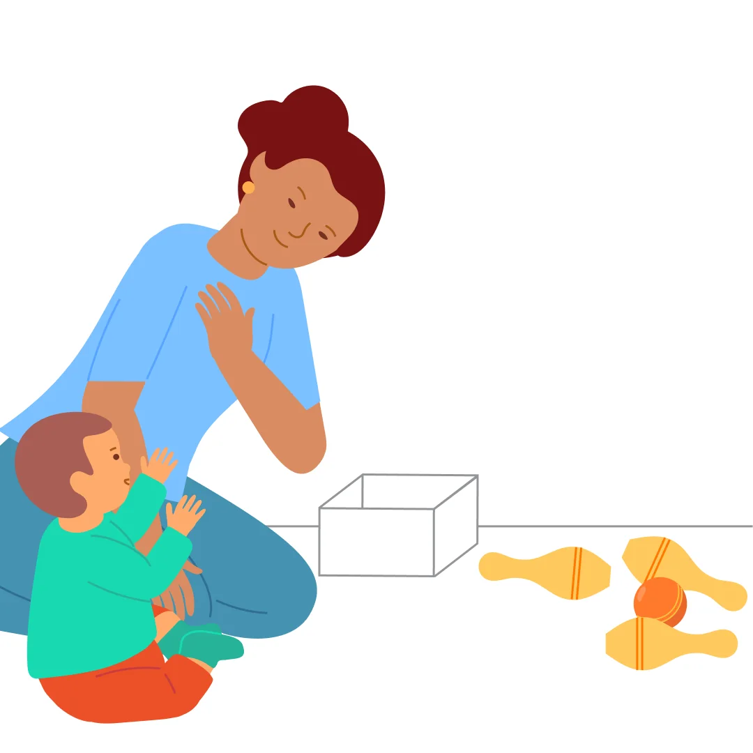 Illustration for “Bowling Fun”, step 4: Play with the ball, taking turns: “Now Mommy, now {{CHILD_NAME}}.” When you finish, gather the skittles together with the child and place them in the box.