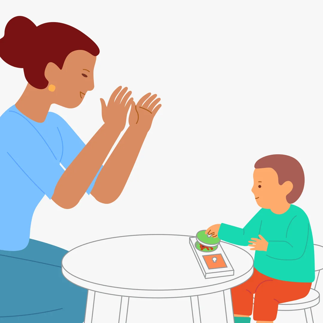 Illustration for “Fit the Pieces: Circles and Squares”, step 2: Say: “Let’s hide the bear!” Put the circle back: “No bear.” (make a gesture) Ask: “Where’s the bear, oh-oh?” "When the child removes the insert, praise them: “Good job, you fou