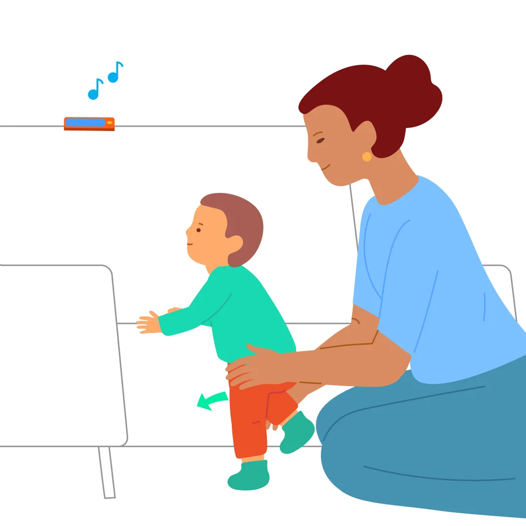 Illustration for “Climb onto the Sofa for a Toy”, step 3: Help the child climb onto the couch: shift them onto the left leg.