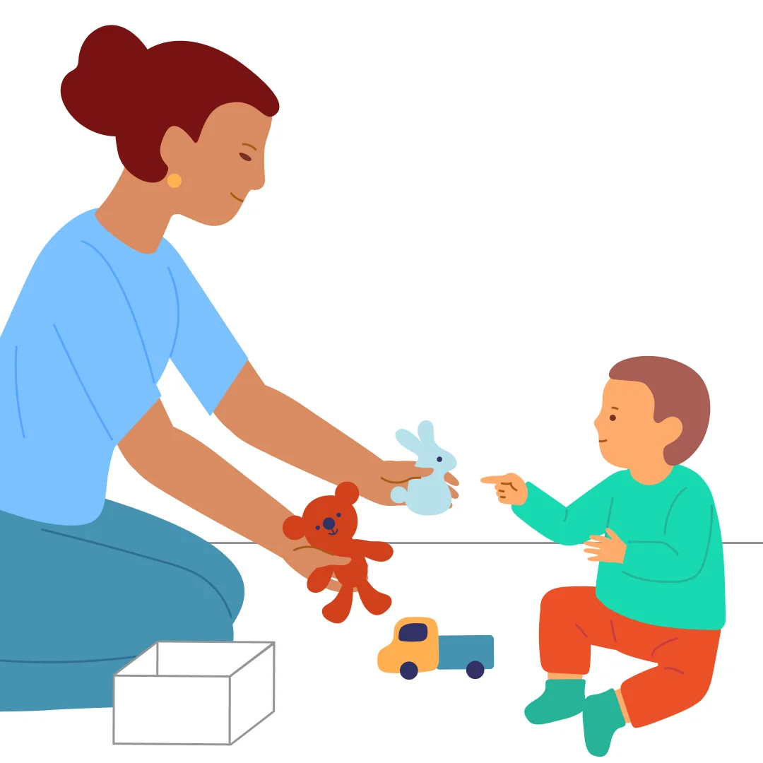 Illustration for “Roll Teddy and Bunny Around”, step 3: Ask the child: “Who should ride in the car?” When they choose, confirm: “Let’s give Bear (or Bunny) a ride.”