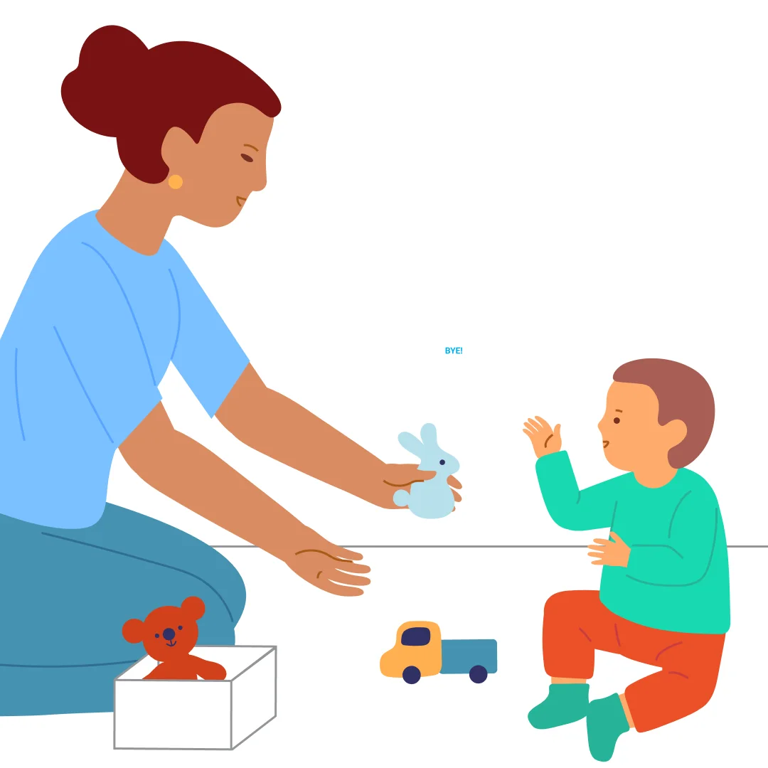 Illustration for “Roll Teddy and Bunny Around”, step 5: Tell the child: “Bunny went for a ride and says thank you.” (Bow the toy as if it’s saying thanks.) Announce: “Bunny is leaving now.