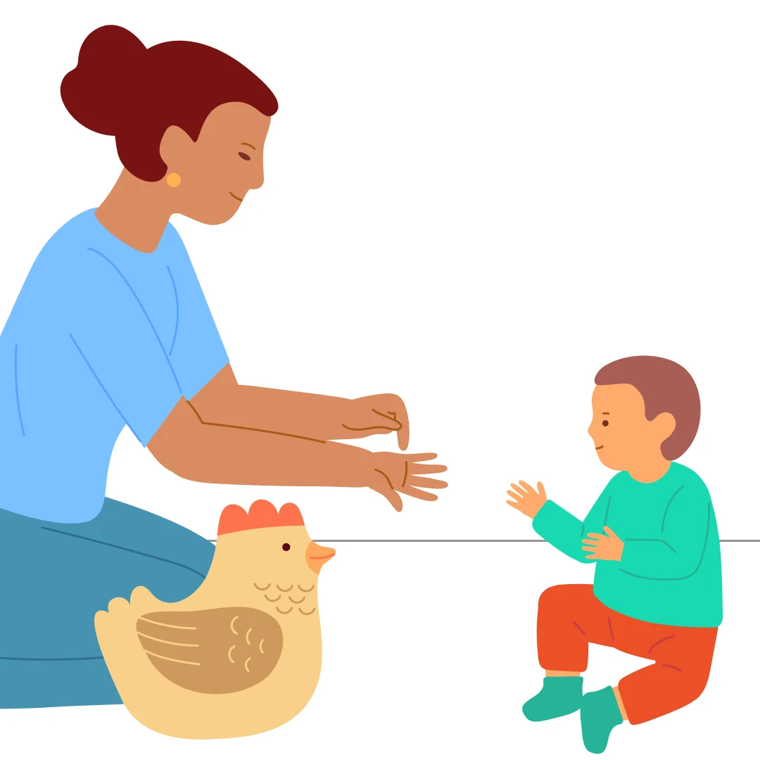 Illustration for ““Marching Together!””, step 1: For this game, take a big soft toy (or a ball) and something that appeals to the child—maybe a family member, a musical toy, a book, or any favorite item.