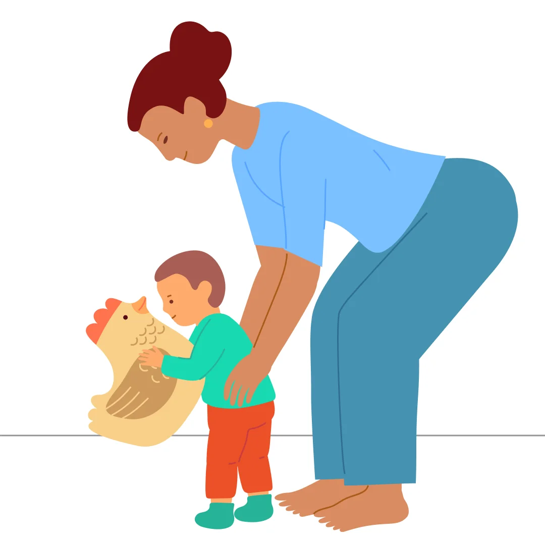 Illustration for ““Marching Together!””, step 3: Stand behind the child, supporting their hips: “Let’s walk to the chair, step-step.” As they walk, gradually reduce support so they can practice walking.