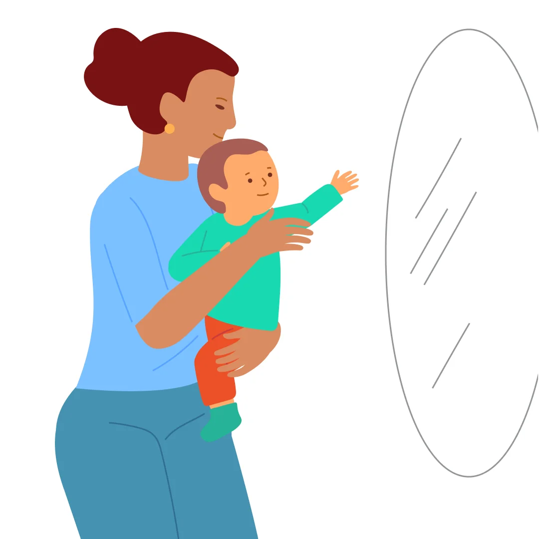 Illustration for “Sweet Kisses”, step 1: Get comfortable with your child in front of a big mirror—sitting or standing, whichever suits the child.