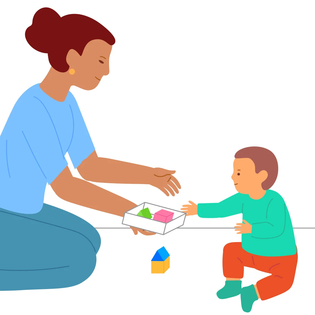 Illustration for “Build a House”, step 2: Suggest: “Now {{CHILD_NAME}} will build a house.” Say: “Take a block!" When the child grabs a block, say: “Now take a roof.”