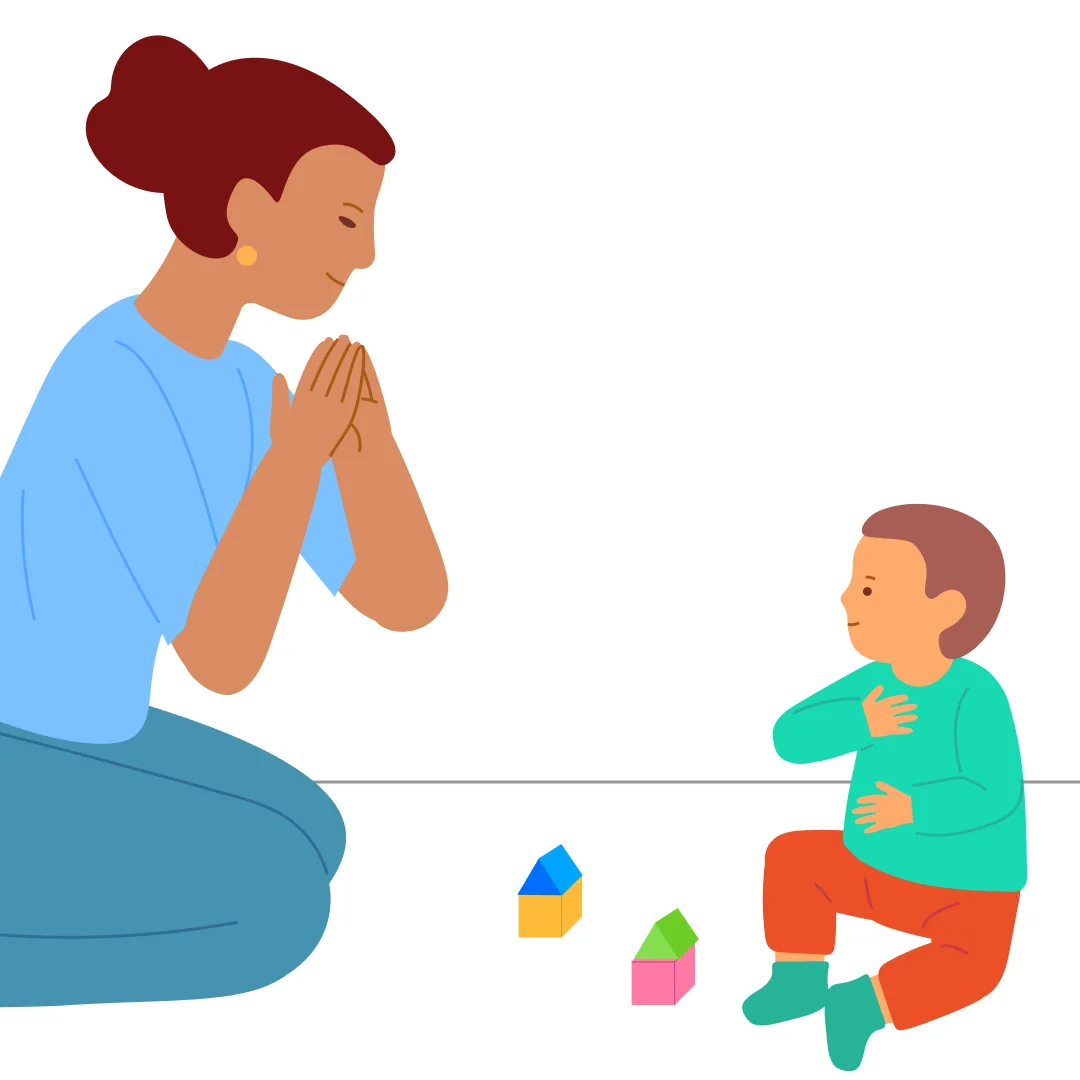 Illustration for “Build a House”, step 3: Remind them: “{{CHILD_NAME}} is building a house.” (gesture) When they put the roof on the block, praise them: “What a nice house!” (gesture)