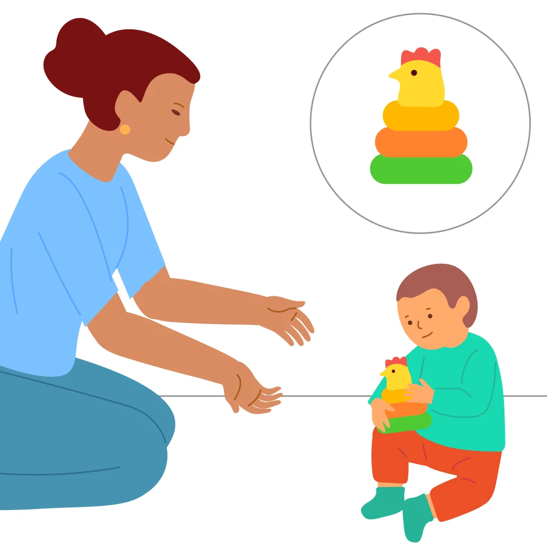 Illustration for “Stack the Ring Tower (Ignoring Size)”, step 1: Sit facing the child.