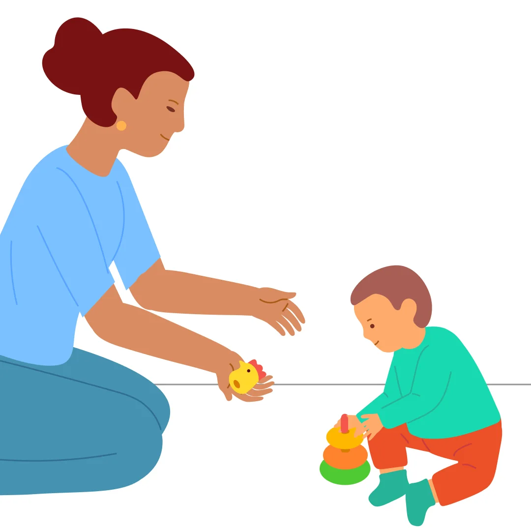 Illustration for “Stack the Ring Tower (Ignoring Size)”, step 4: Give them the bigger ring: “Put the big ring on the stick.” (point) Comment on their action: “{{CHILD_NAME}} put the big ring on!” Give the smaller ring: “Now put the little r