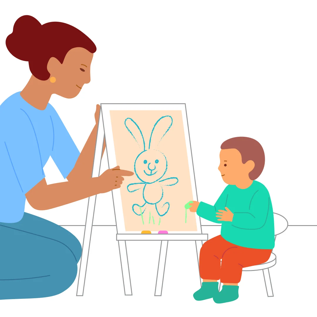 Illustration for ““Mom Draws, I Add!””, step 2: Ask: “Where’s the bunny?” Invite the child: “Draw some grass and flowers.” Give them crayons in different colors.