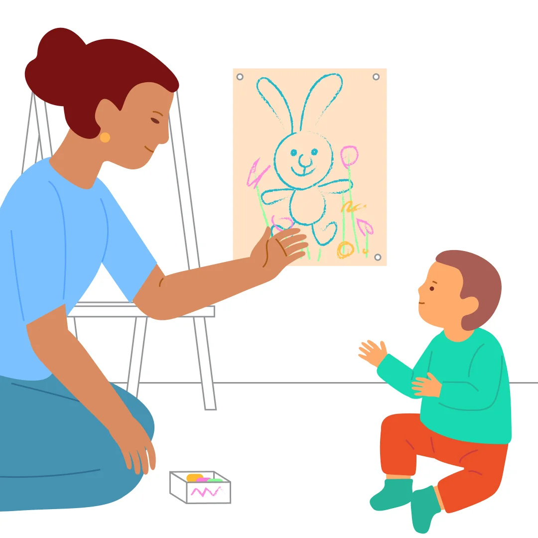 Illustration for ““Mom Draws, I Add!””, step 4: Look at and discuss the drawing—where the bunny is, where the grass and flowers are.