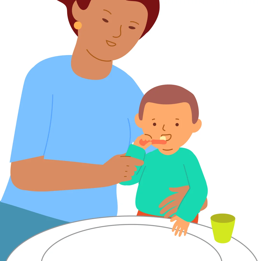 Illustration for “Brush Teeth Without Toothpaste”, step 3: Say: “Now show me how you brush your teeth.” Help them grip the brush, hug them from behind, and move the brush together: “Brush-brush!” Take the brush from them and put it away: “{