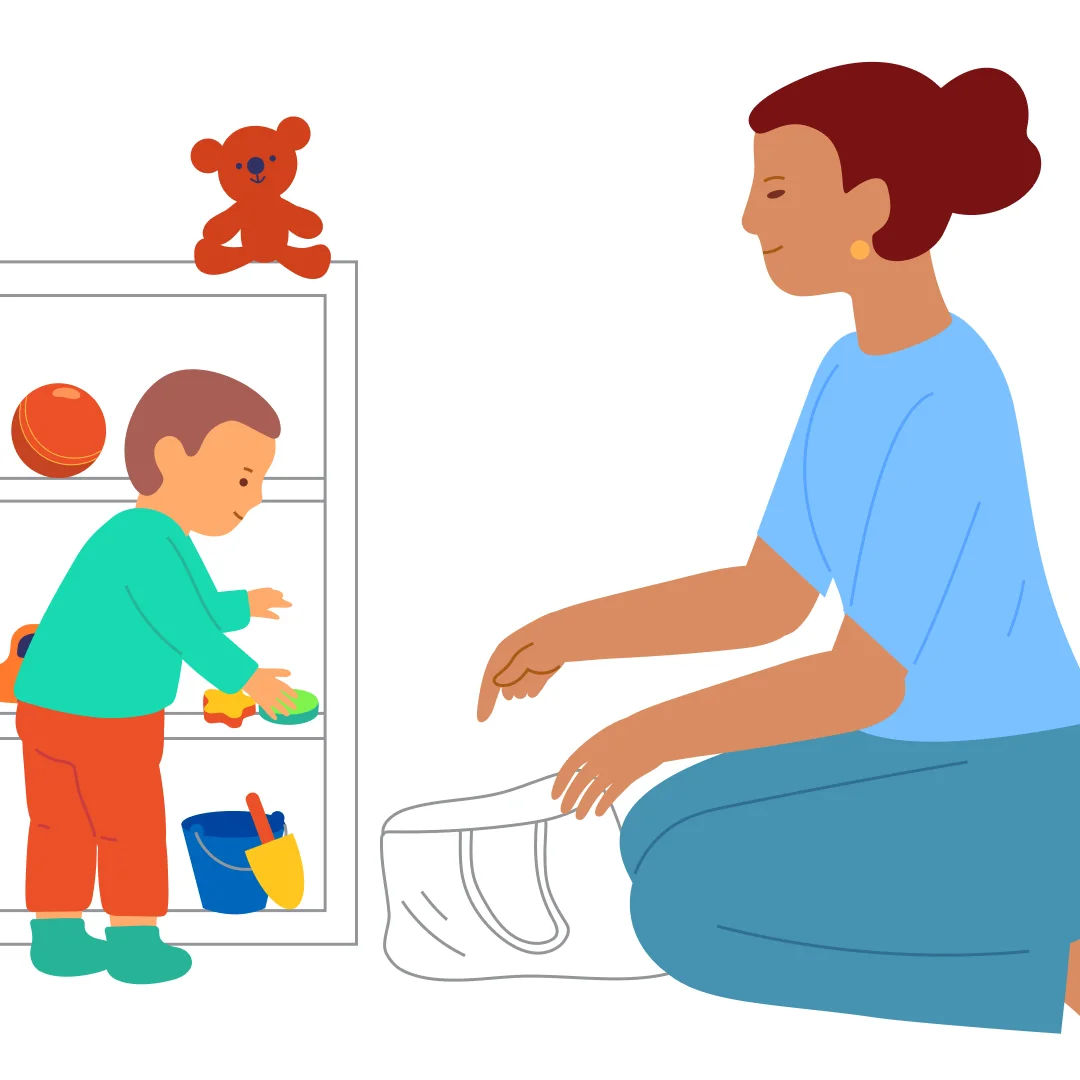 Illustration for “Toys Go for a Walk”, step 1: Tell the child: “We’re going for a walk.” Suggest: “Let’s prepare some toys to take with us.” Go with the child to the shelf and ask: “What shall we bring?