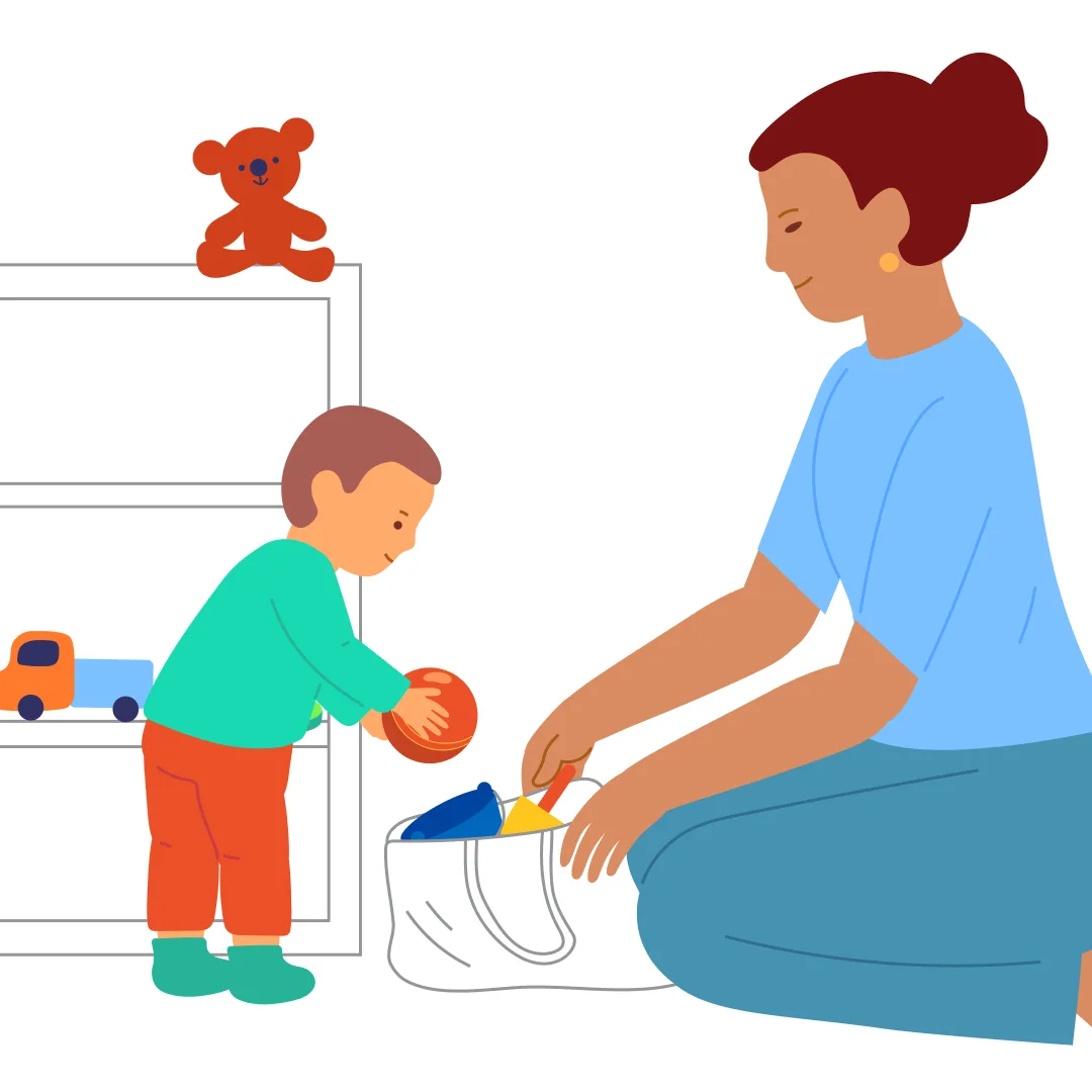 Illustration for “Toys Go for a Walk”, step 2: Comment on what the child does: “Yes, we took a shovel.