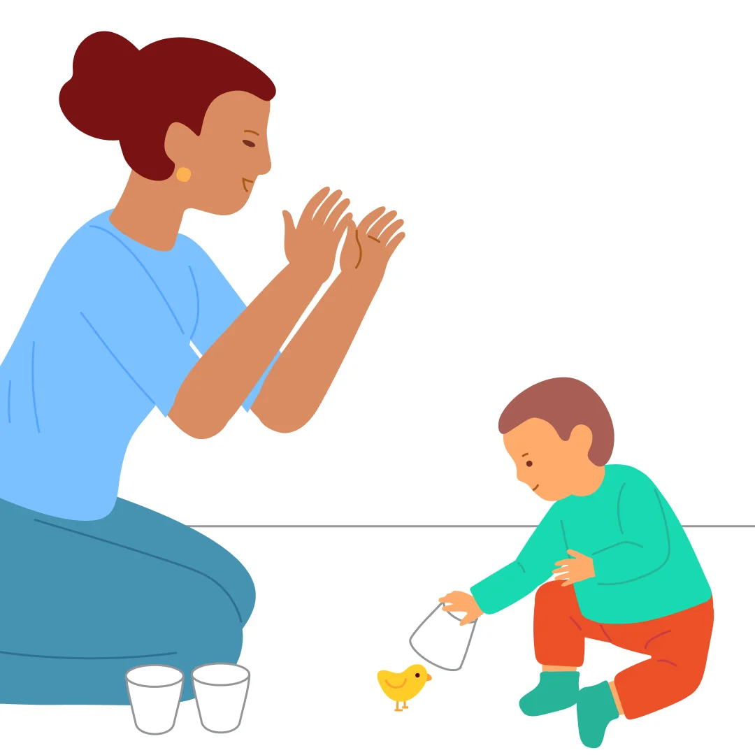 Illustration for “Hide and Seek in Cups”, step 3: When the child lifts the cup, say: “Here’s the chick!