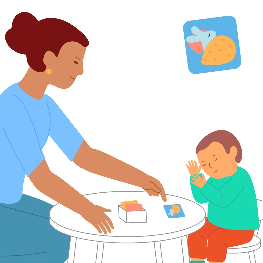 Illustration for “Recognize Action Words”, step 2: Place the second card and name it: “Bunny is washing paws, splash-splash.” (gesture) Ask: “Show me how Bunny washes paws.” Put the card in the box.