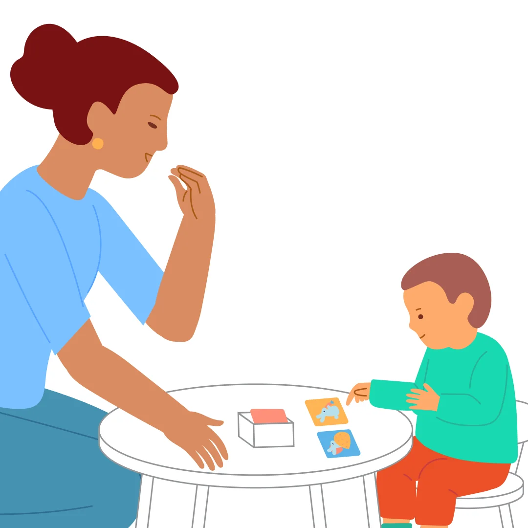Illustration for “Recognize Action Words”, step 3: Show two cards: “Bunny is eating” and “Bunny is sleeping.” Ask: “Which one is Bunny eating?