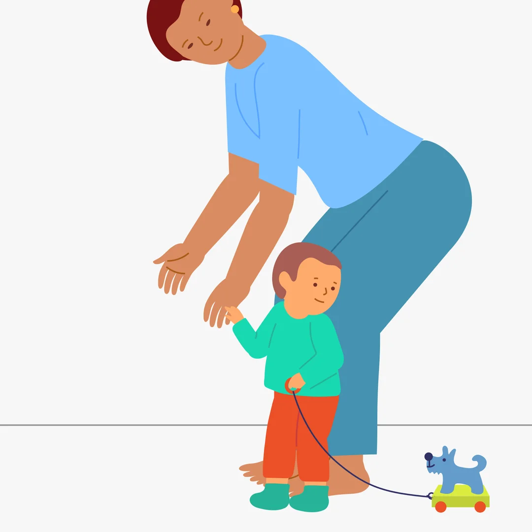 Illustration for “A Walk with the Dog on a String”, step 3: Stop and say: “Where’s the dog?” The child turns and looks at the dog: “Yes, the dog is there!