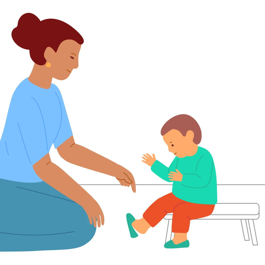 Illustration for “Undress Before Bed”, step 1: Tell your child they’re going to undress for bed: “We’re taking off our clothes.” Sit them on a chair and slip off one shoe: “Take off your shoe.” Then remove the other shoe: “Take off your oth