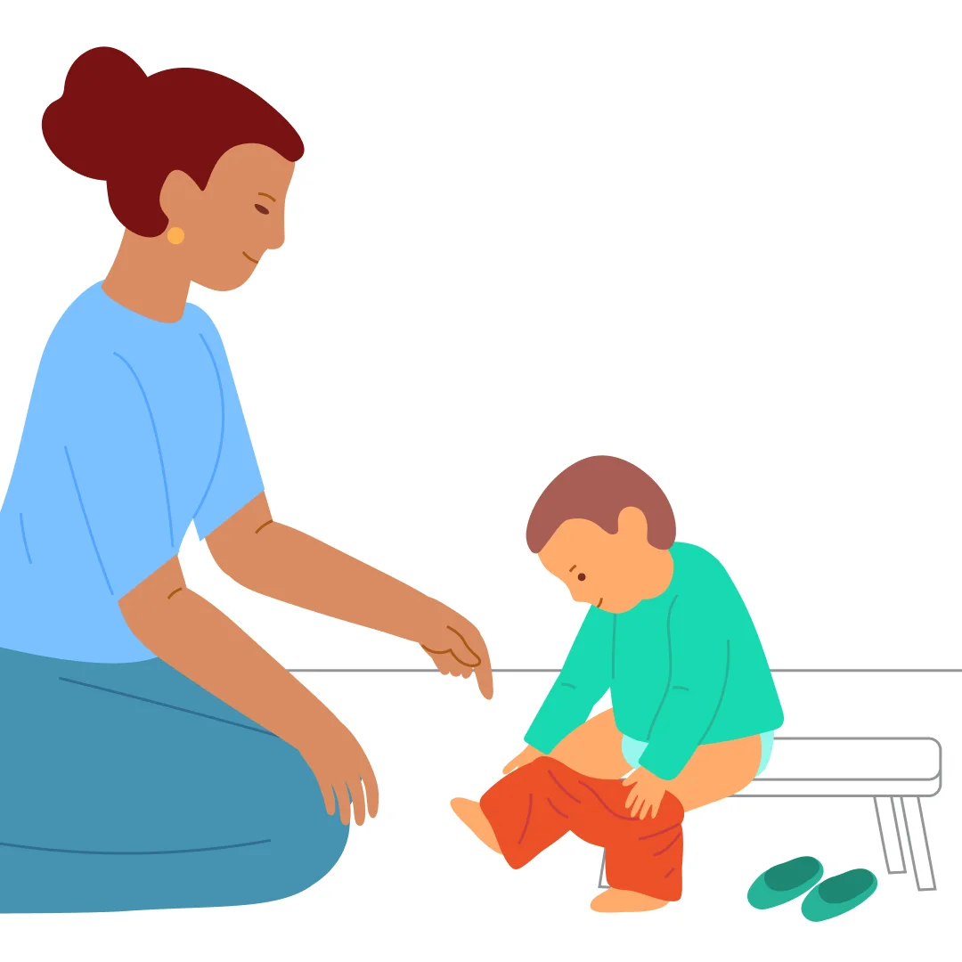 Illustration for “Undress Before Bed”, step 3: Help them sit: “Take off your pants.” Point to one leg: “Take them off this leg.” Then point to the other: “Now take them off this leg.”