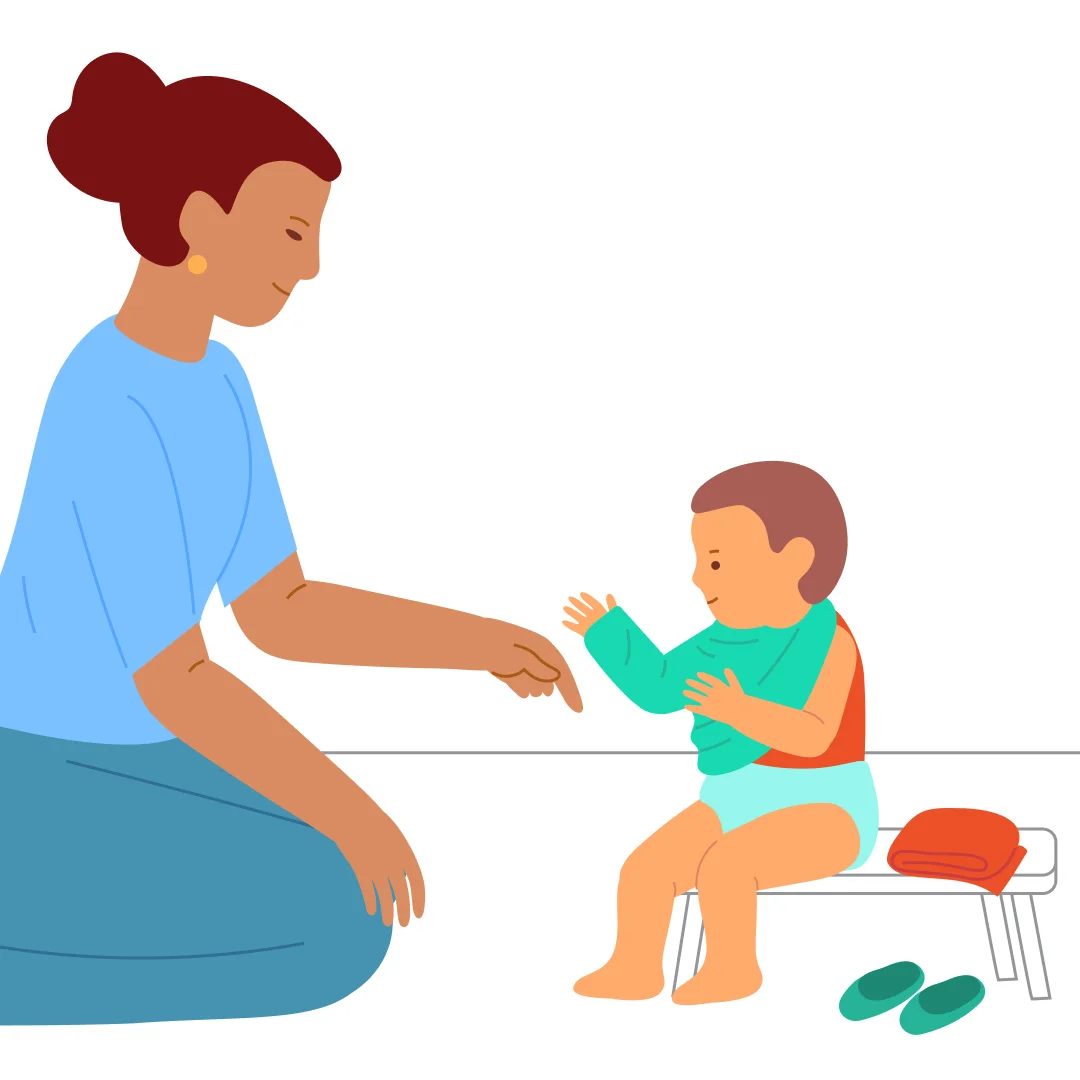Illustration for “Undress Before Bed”, step 4: Pick up the pants, fold them, and place them next to the shoes: “Great job, you took off your pants.” Lift the T-shirt from their neck and one sleeve: “Take off your shirt.”
