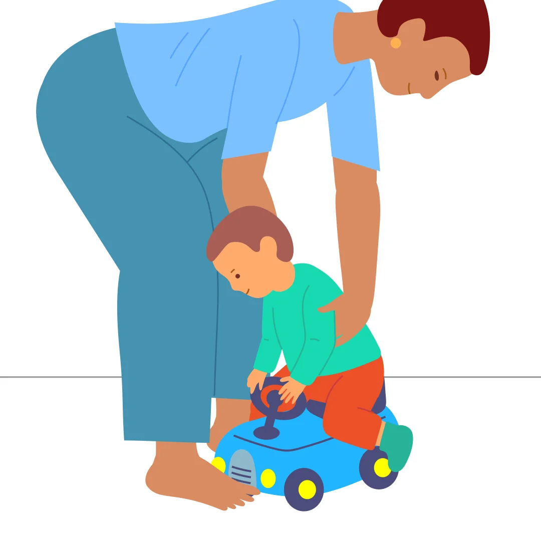 Illustration for “Steer and Go”, step 2: Teach to your child to get on the car step by step: • Use your foot to keep it in place.