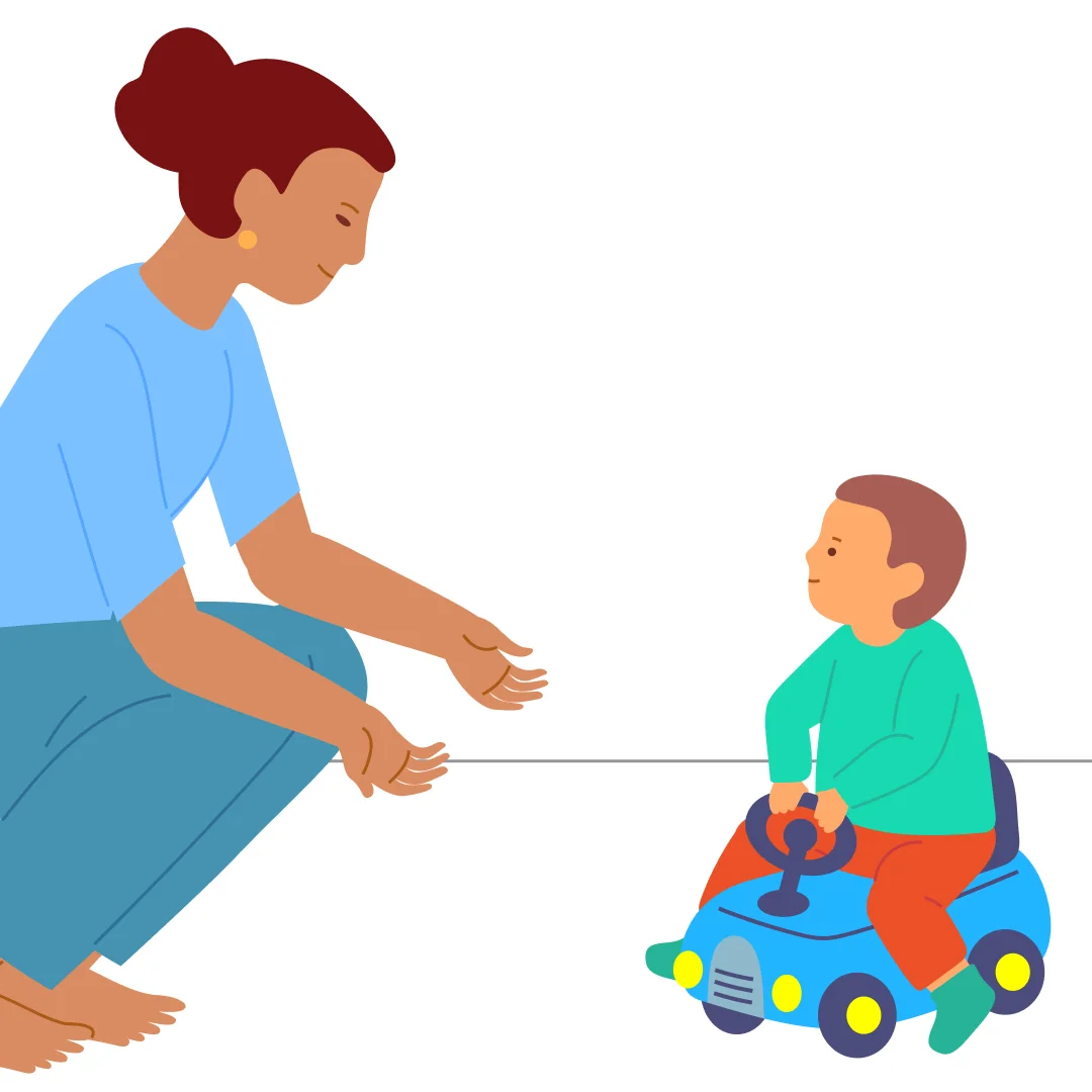 Illustration for “Steer and Go”, step 3: gently pull  the car forward: “Use your feet!” Once they move by themselves, step aside and call them: “Now drive to Mommy!”