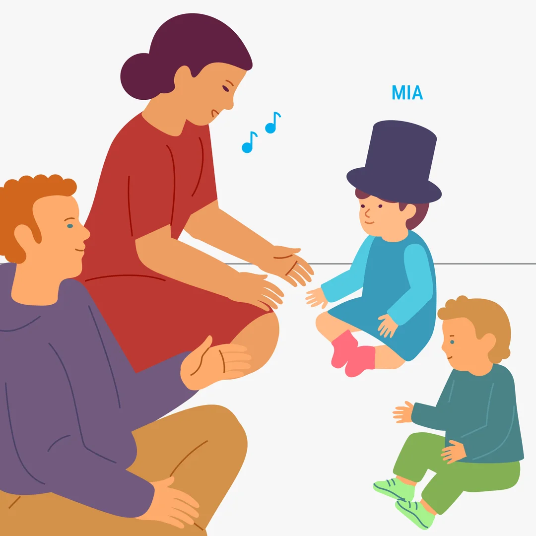 Illustration for “Pretty hat”, step 2: Put the hat on the child who turns out first.