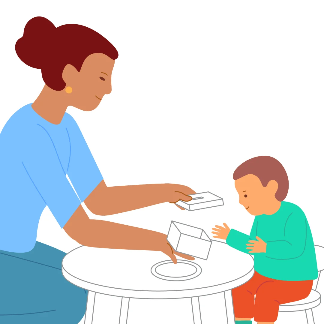 Illustration for “Squeeze Through the Gap”, step 4: Ask: “Where are the circles?” If they don’t know, shake the box and ask again: “Where are the circles?” Suggest opening the box or open it yourself: “Let’s open it.” Show them: “Here are t