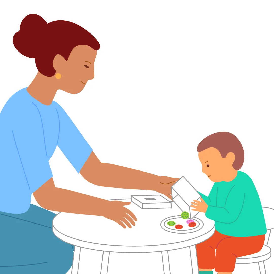 Illustration for “Squeeze Through the Gap”, step 5: Follow your child’s lead—if they want to keep playing, demonstrate how to dump the box’s contents into the bowl.