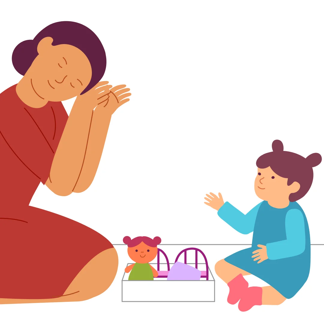Illustration for “Let's Put the Doll to Sleep”, step 2: Sit comfortably on the floor next to or facing your child.