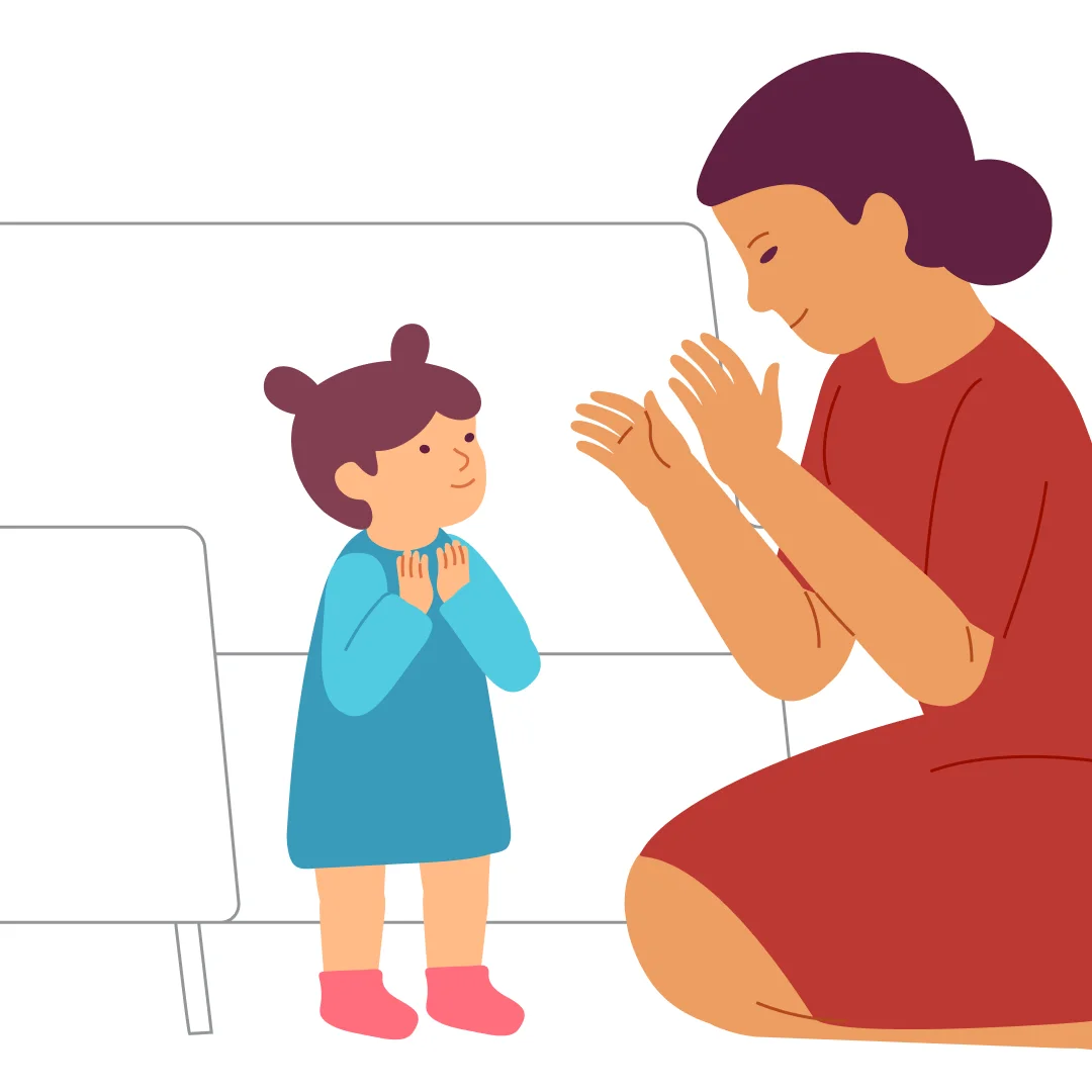 Illustration for “«If You’re Happy and You Know It»”, step 1: Stand your baby with their back against something sturdy, like a chair or sofa.