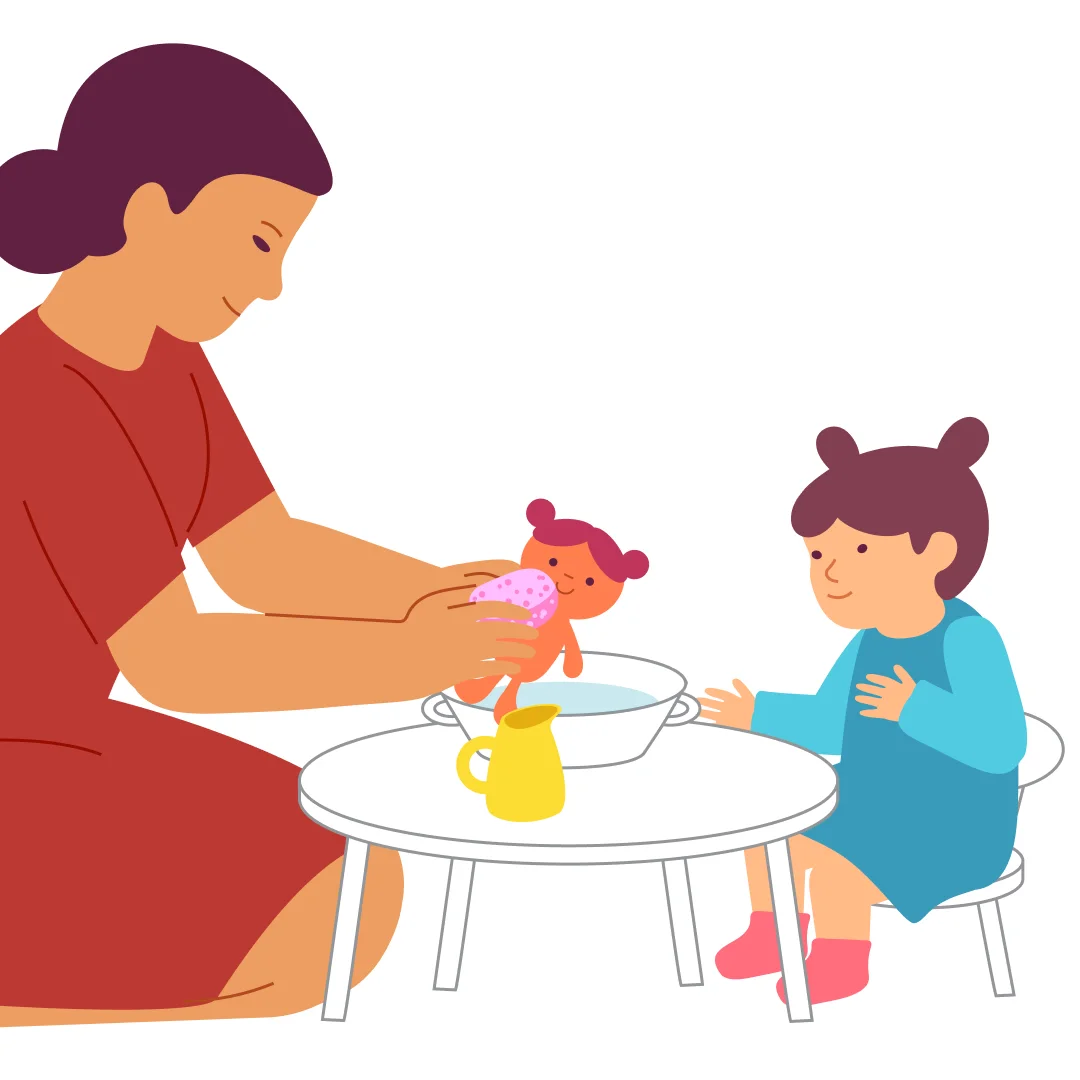 Illustration for “Bath Time for Dolly”, step 2: Take the sponge and wet it in the water.